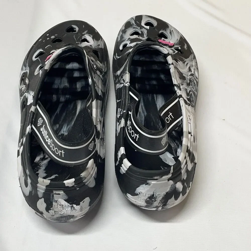 Justice Sport Marbled Heart Clogs Black White Slip-On Shoes Butterfly Charms